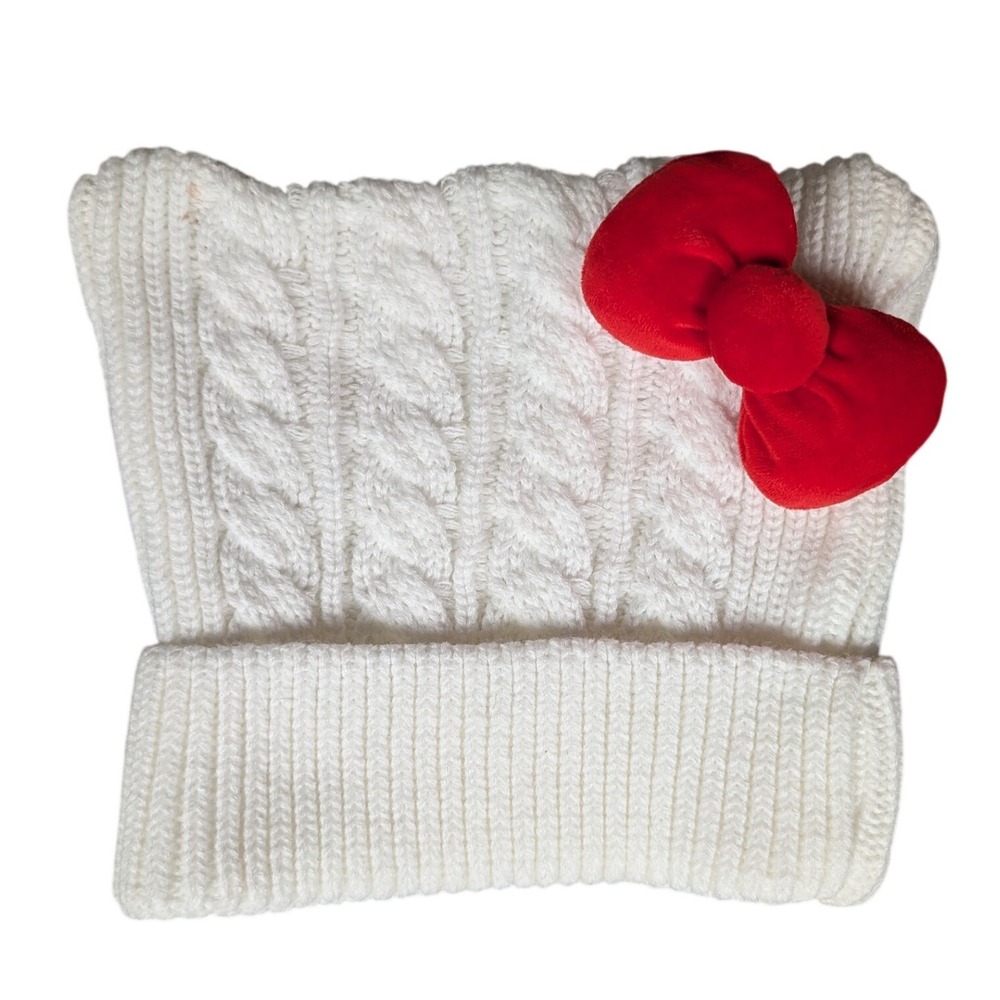 White Cable‎ Knit Cat Ear Beanie with Red Velvet Bow Hello Kitty Inspired Hat